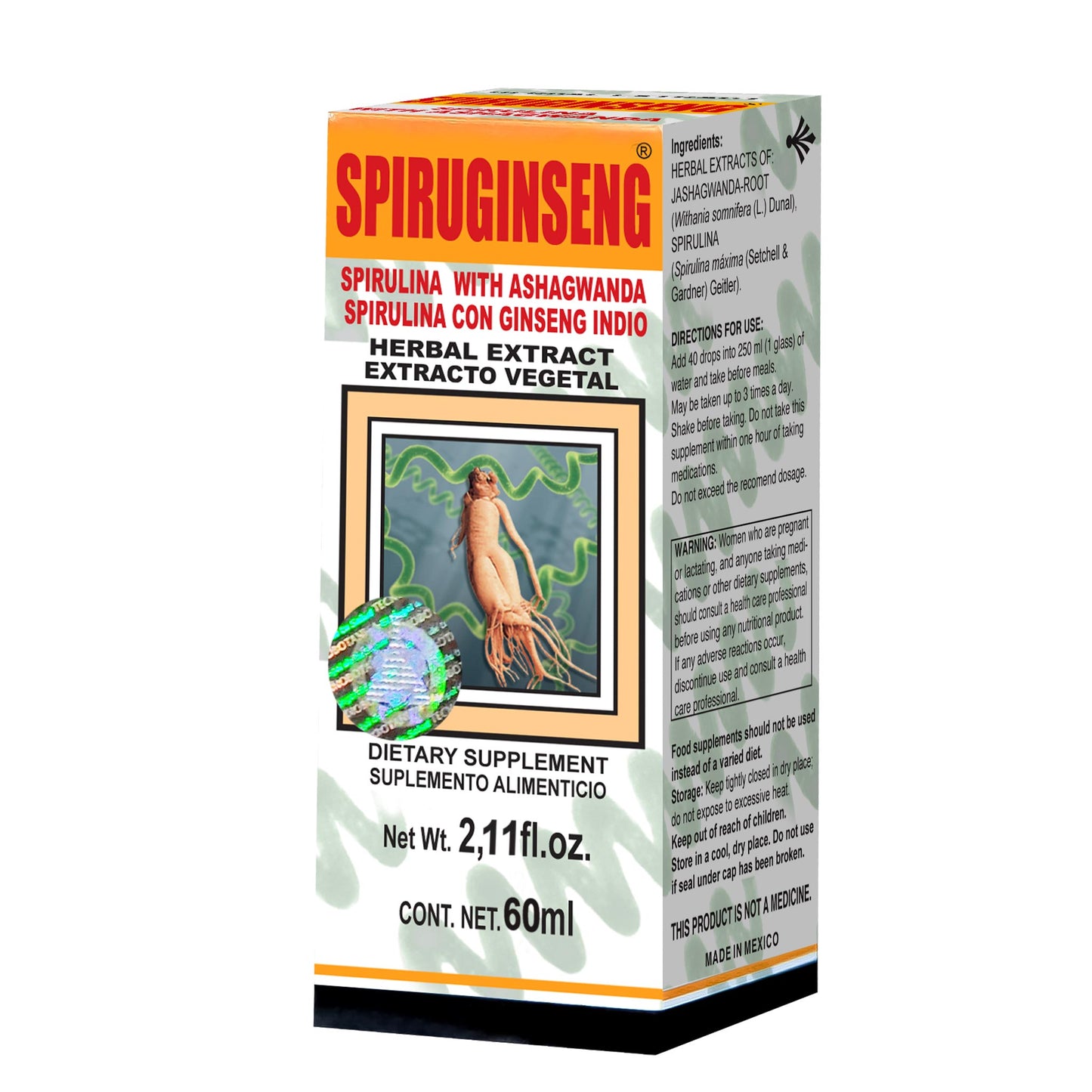 Extracto vegetal SPIRUGINGSENG ® spirulina y ginseng indio caja frasco gotero 60ml