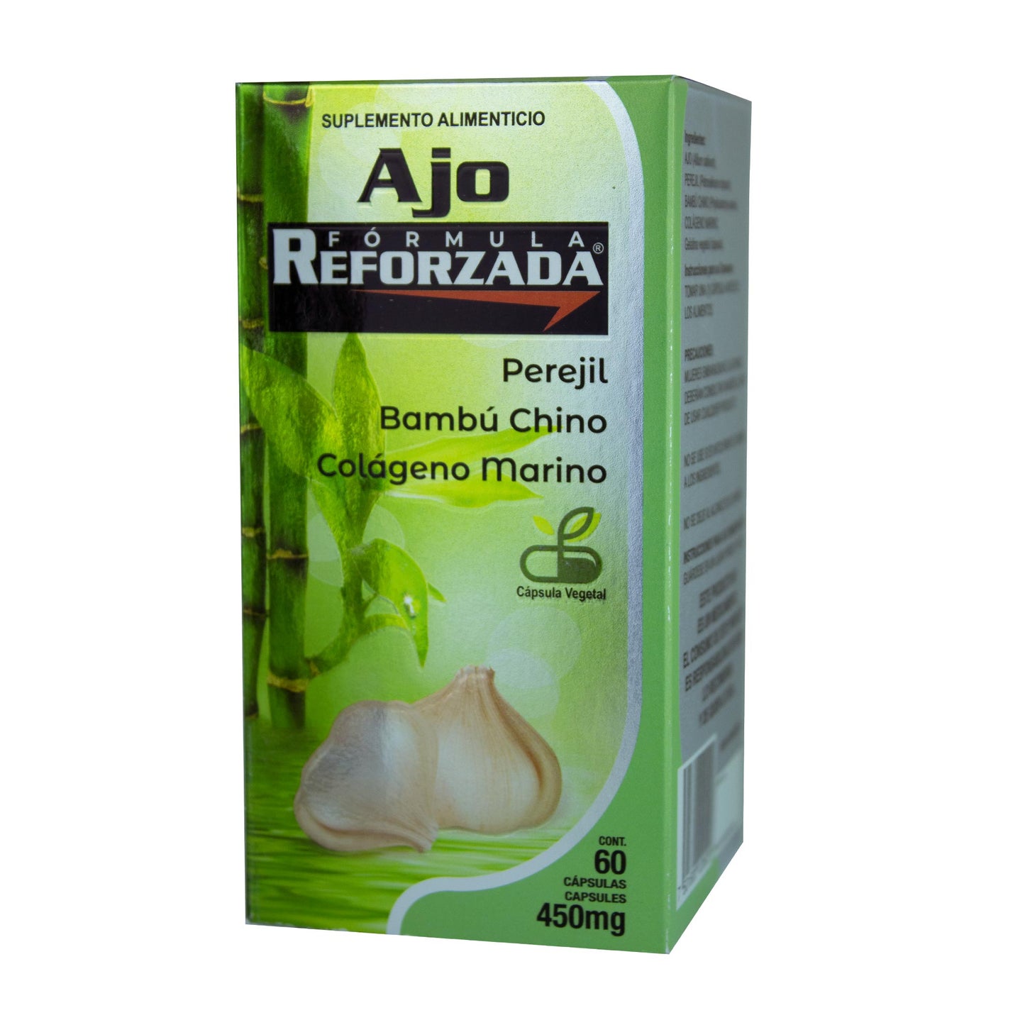 Cápsulas AJO FÓRMULA REFORZADA ® ajo con perejil, bambú chino y colágeno marino caja frasco 60