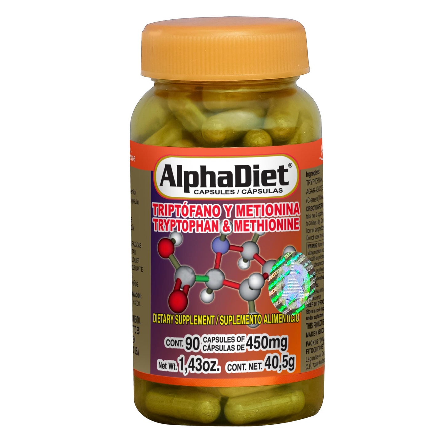 Cápsulas ALPHADIET ® triptófano y metionina frasco 90