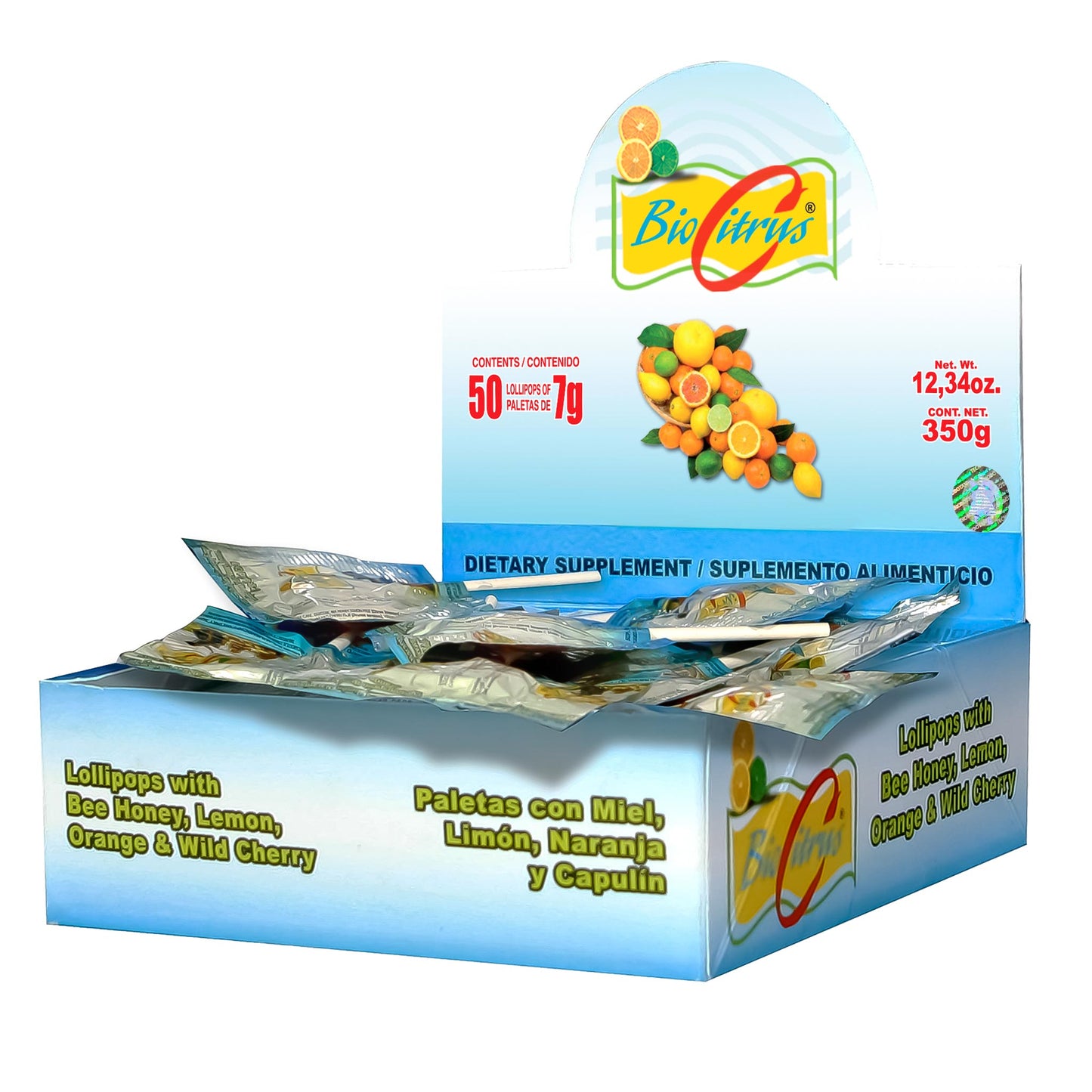 Paletas BIOCITRUS ® miel, limón, naranja y capulin caja 50pz