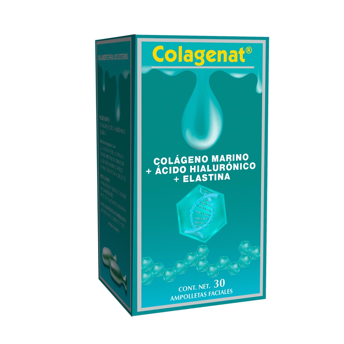 Ampolletas faciales COLAGENAT ® colágeno marino, ácido hialurónico y elastina caja frasco 90 amp