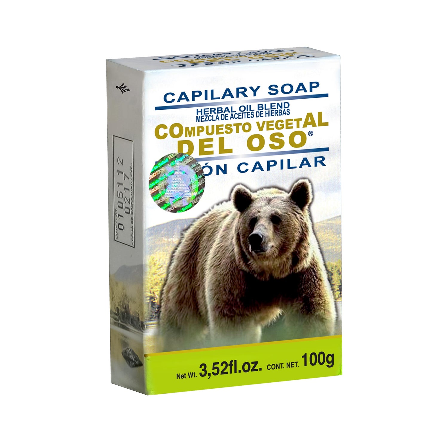 Jabón capilar COMPUESTO VEGETAL DEL OSO ® aceites de almendras, olivo, coco y linaza caja barra 100g
