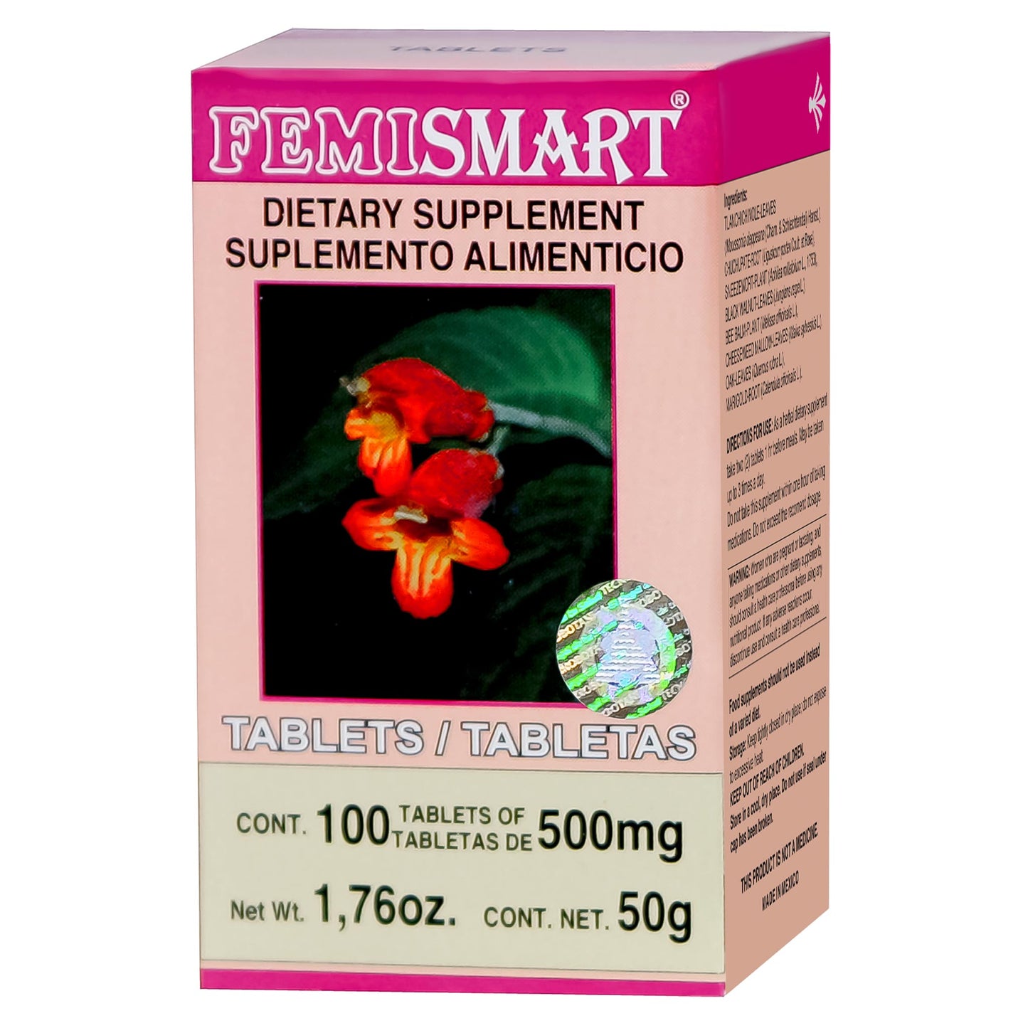 Tabletas FEMISMART ® tlanchichinole compuesto caja frasco 100