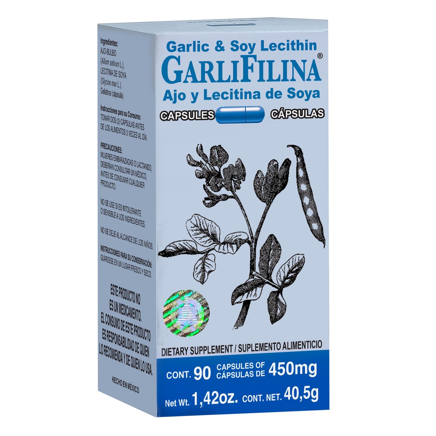 Cápsulas GARLIFILINA ® ajo con lecitina de soya frasco 90