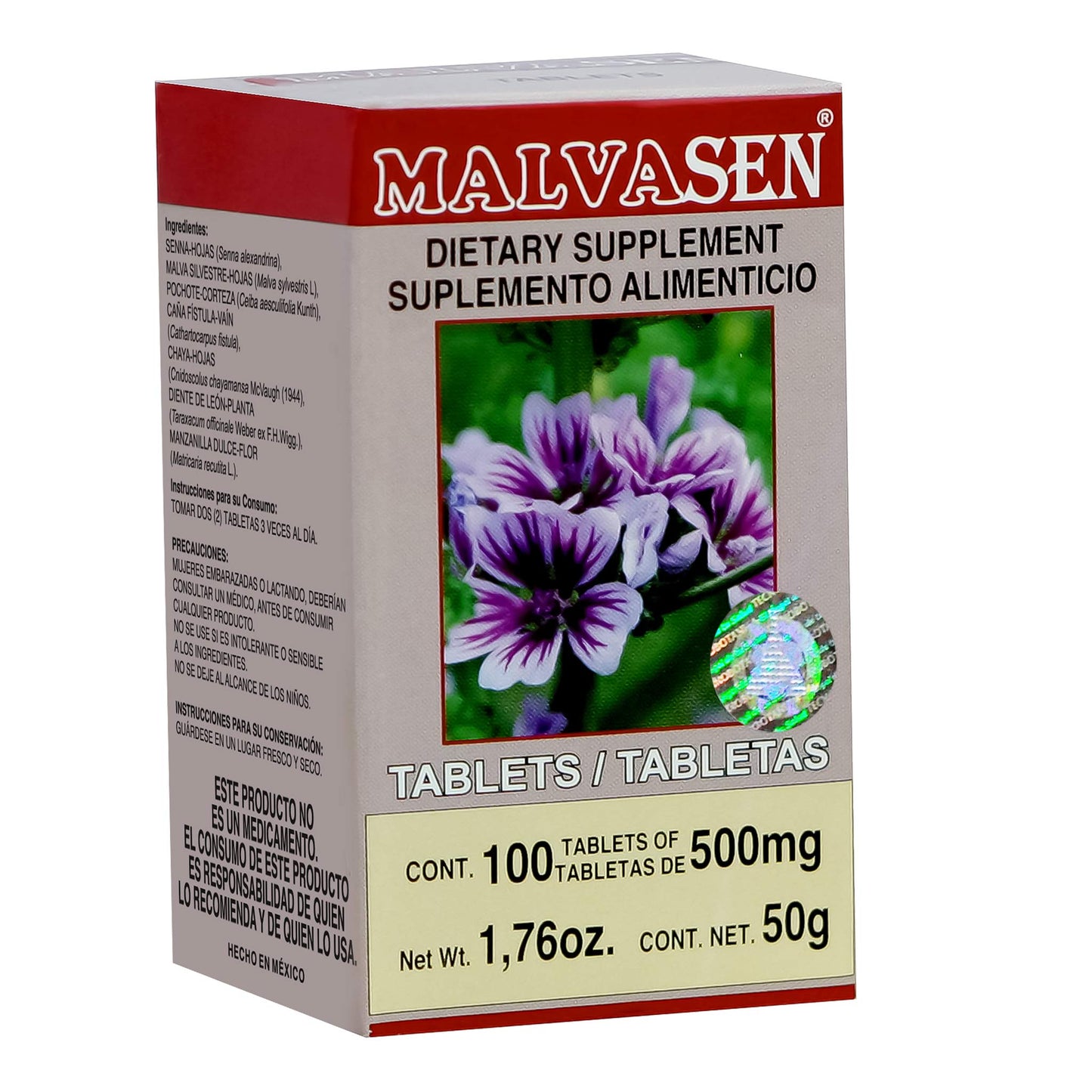 Tabletas MALVASEN ® SILVESTRE hoja de senna compuesta caja frasco 100