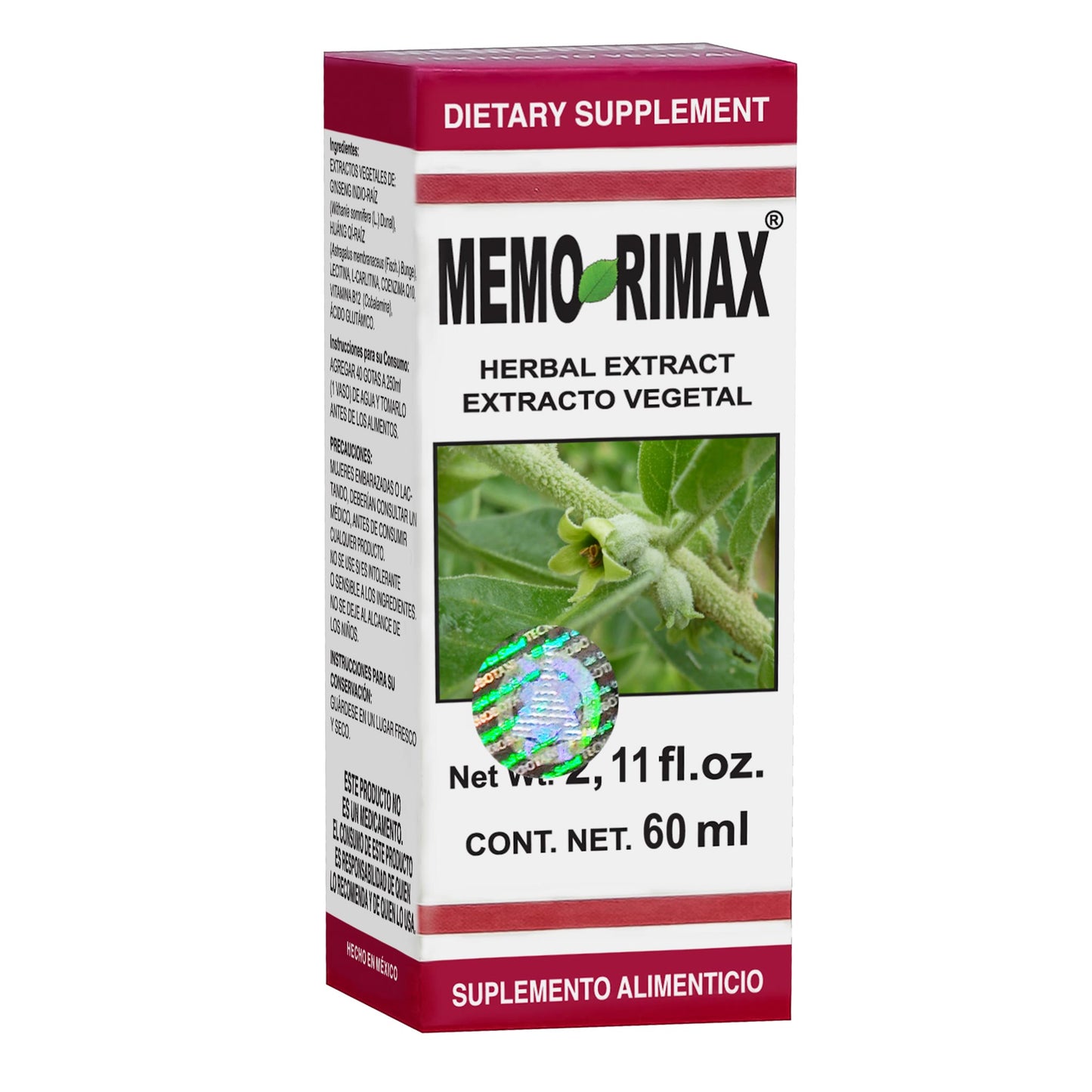 Extracto vegetal MEMORIMAX ® ashwaganda caja frasco gotero 60ml