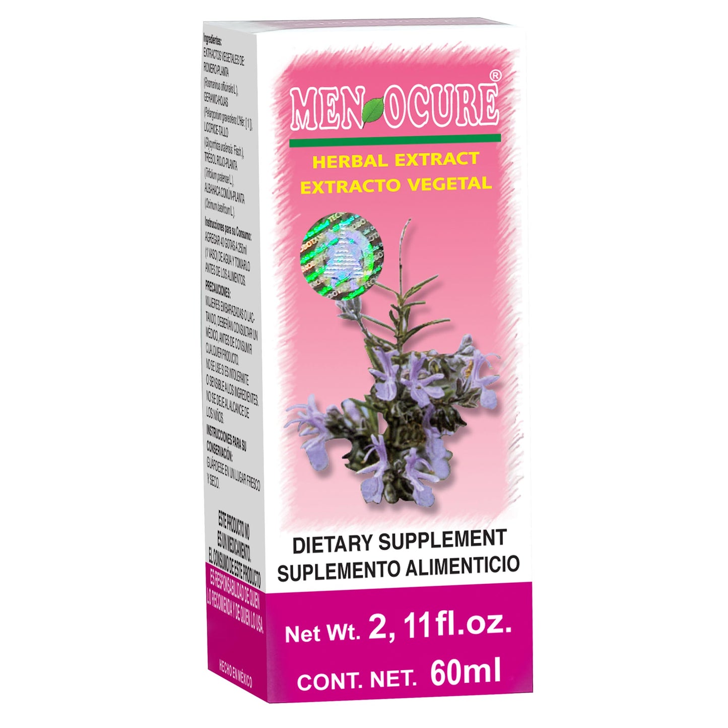 Extracto vegetal MENOCURE ® hojas de romero, geranio y trébol rojo caja frasco gotero 60ml