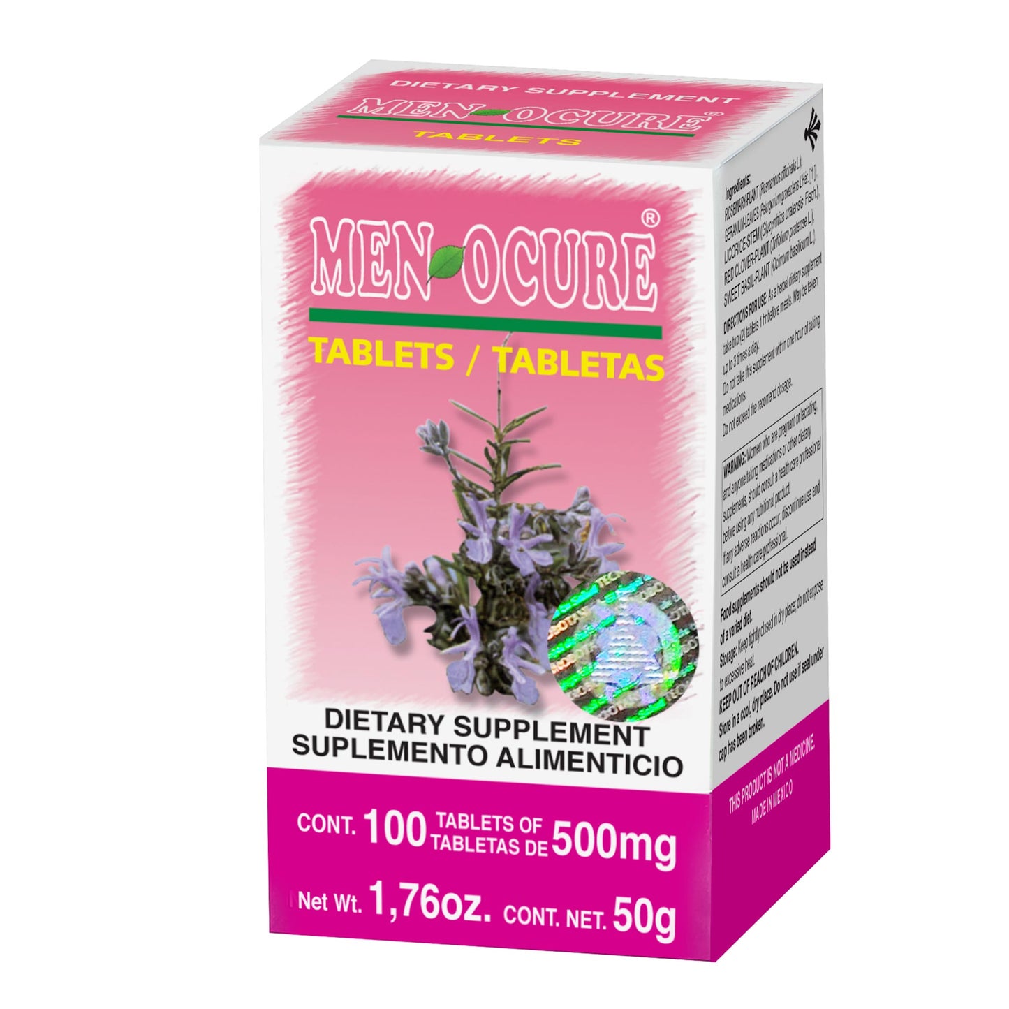Tabletas MENOCURE ® hojas de romero, geranio y trébol rojo caja frasco 100