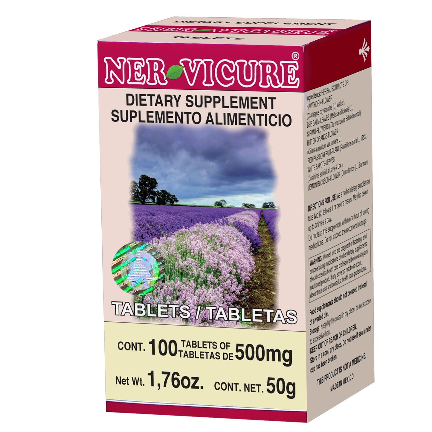 Tabletas NERVICURE ® espino albar, toronjil, tila de bolita caja frasco 100