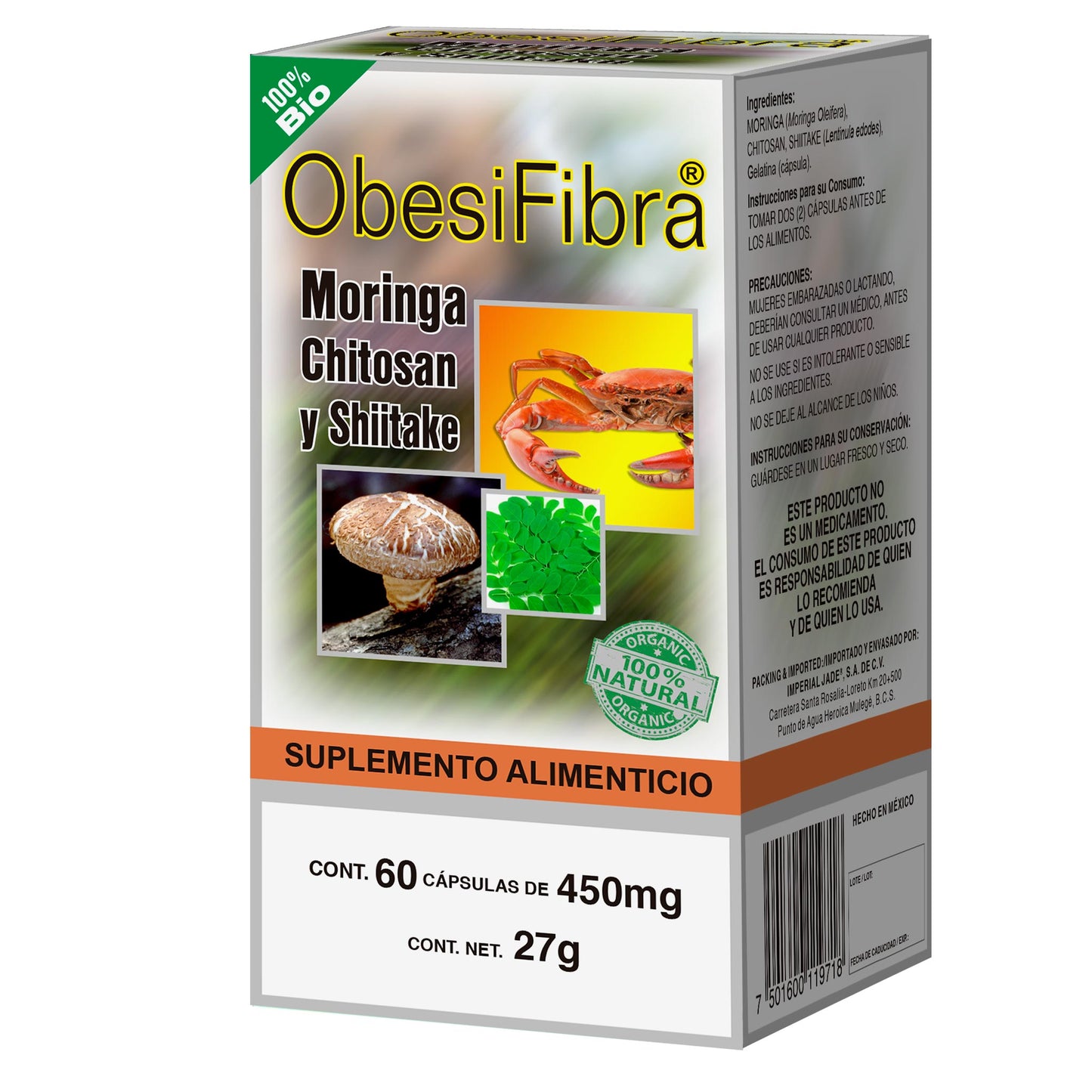 Cápsulas OBESIFIBRA ® moringa, chitosan y shitake caja frasco 60u