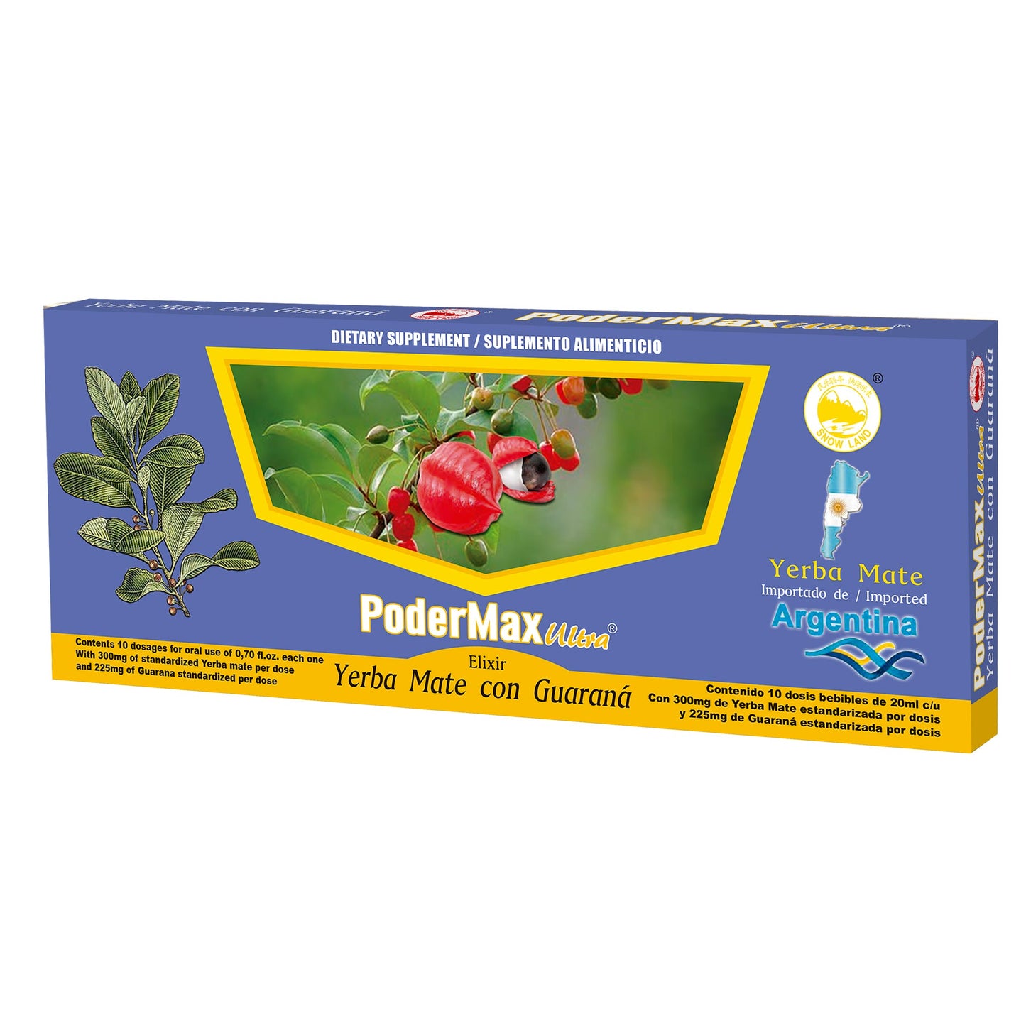 Ampolletas ingeribles PODERMAXULTRA ® yerba mate y guaraná 10 frascos de 20ml