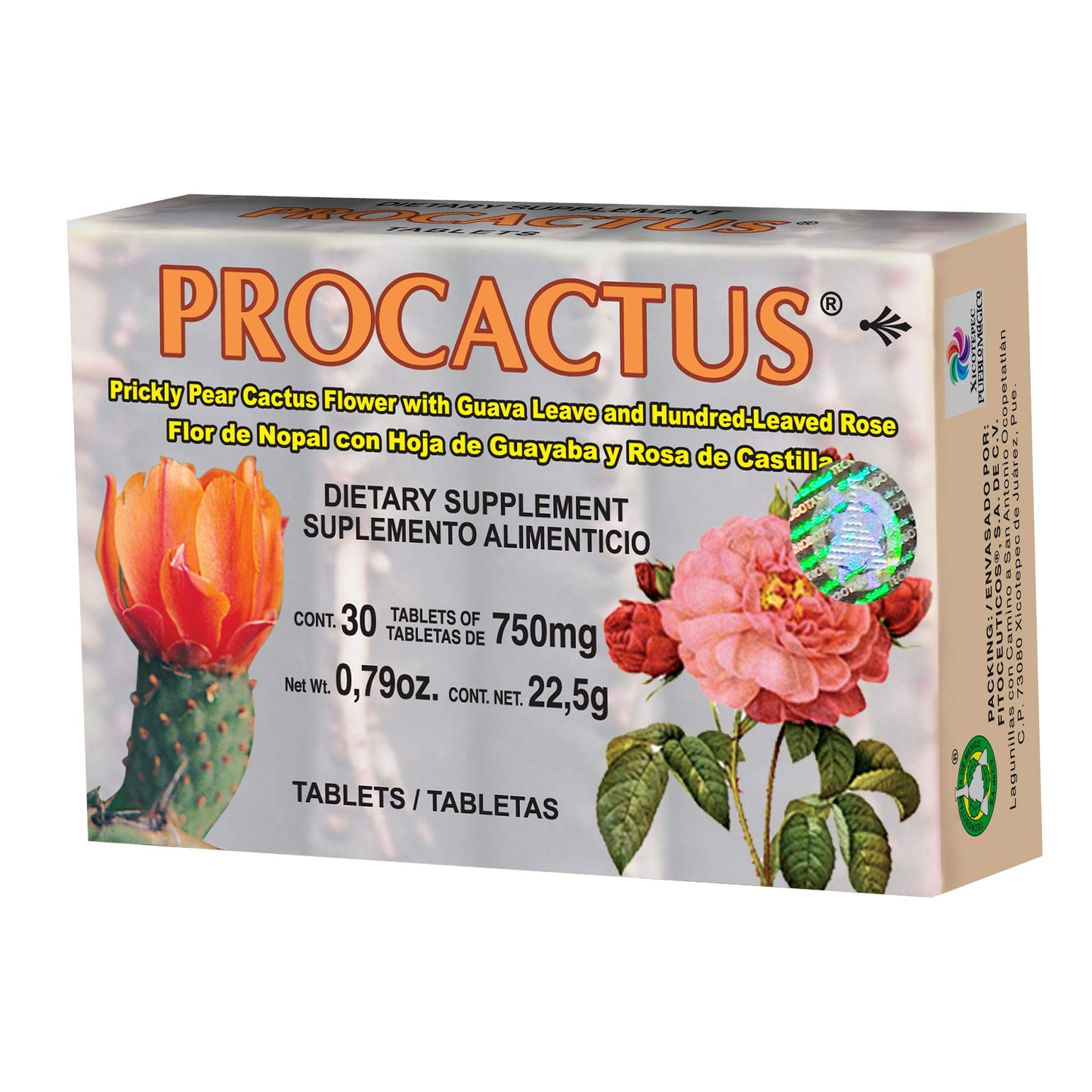 Tabletas PROCACTUS ® flor de nopal y rosa de castilla caja blister 30