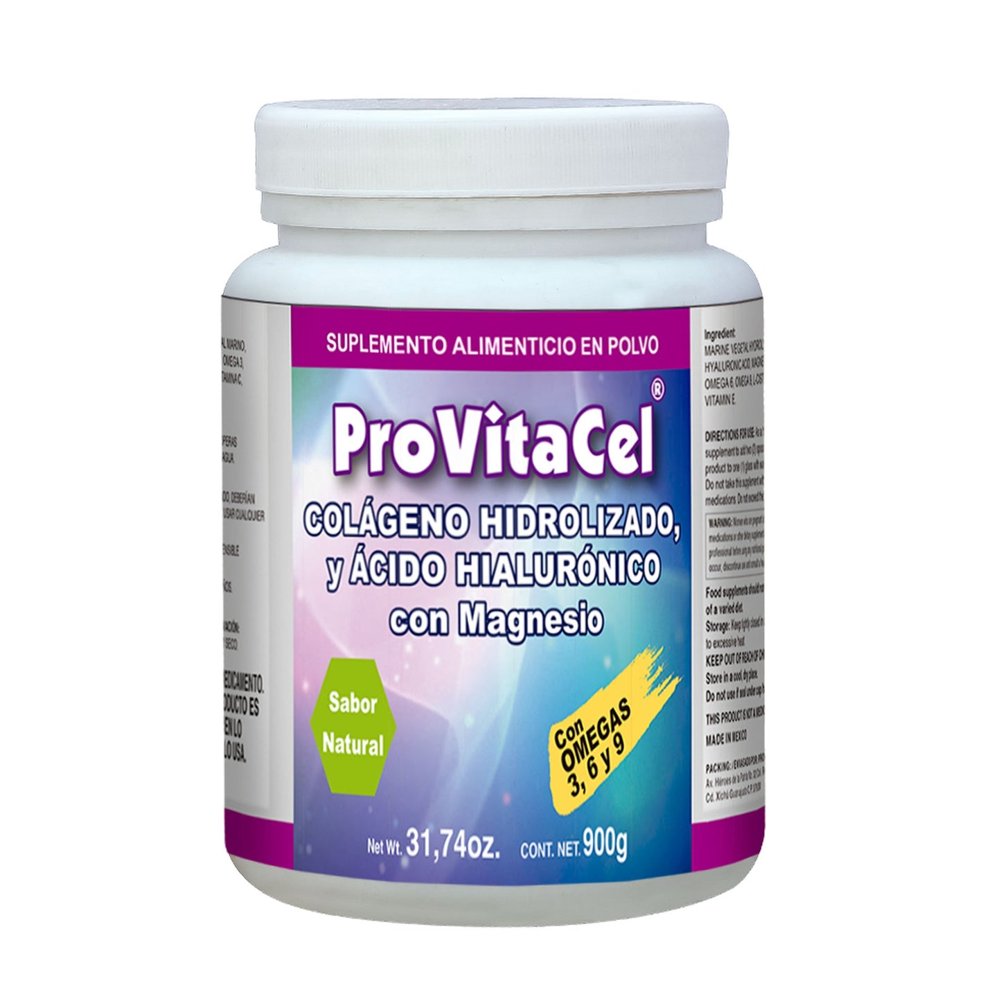 Polvo PROVITACEL ® colágeno hidrolizado, ácido hialurónico y magnesio bote 900g