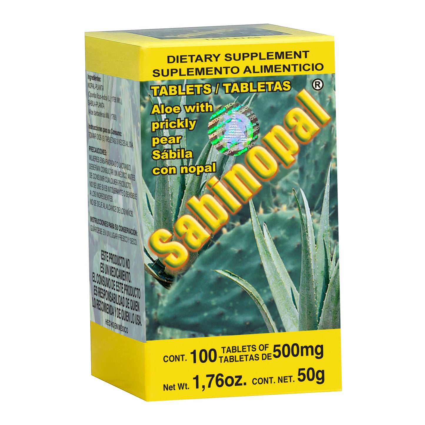 Tabletas SABINOPAL ® sábila nopal caja frasco 100