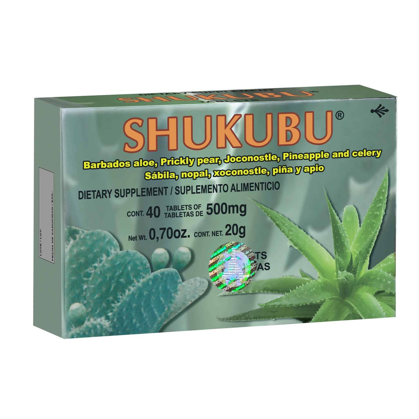 Tabletas SHUKUBU ® sábila, nopal, xoostle, piña y apio caja blister 40u