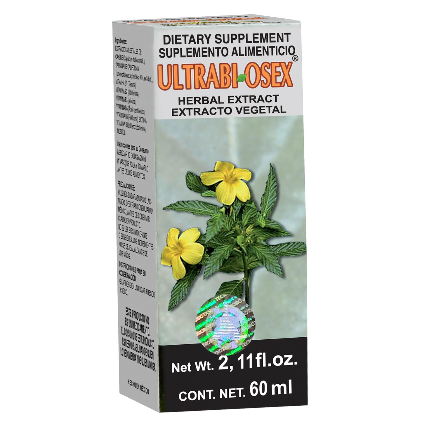 Extracto vegetal ULTRABIOSEX ® hojas de damiana de california y cayene caja frasco gotero 60ml