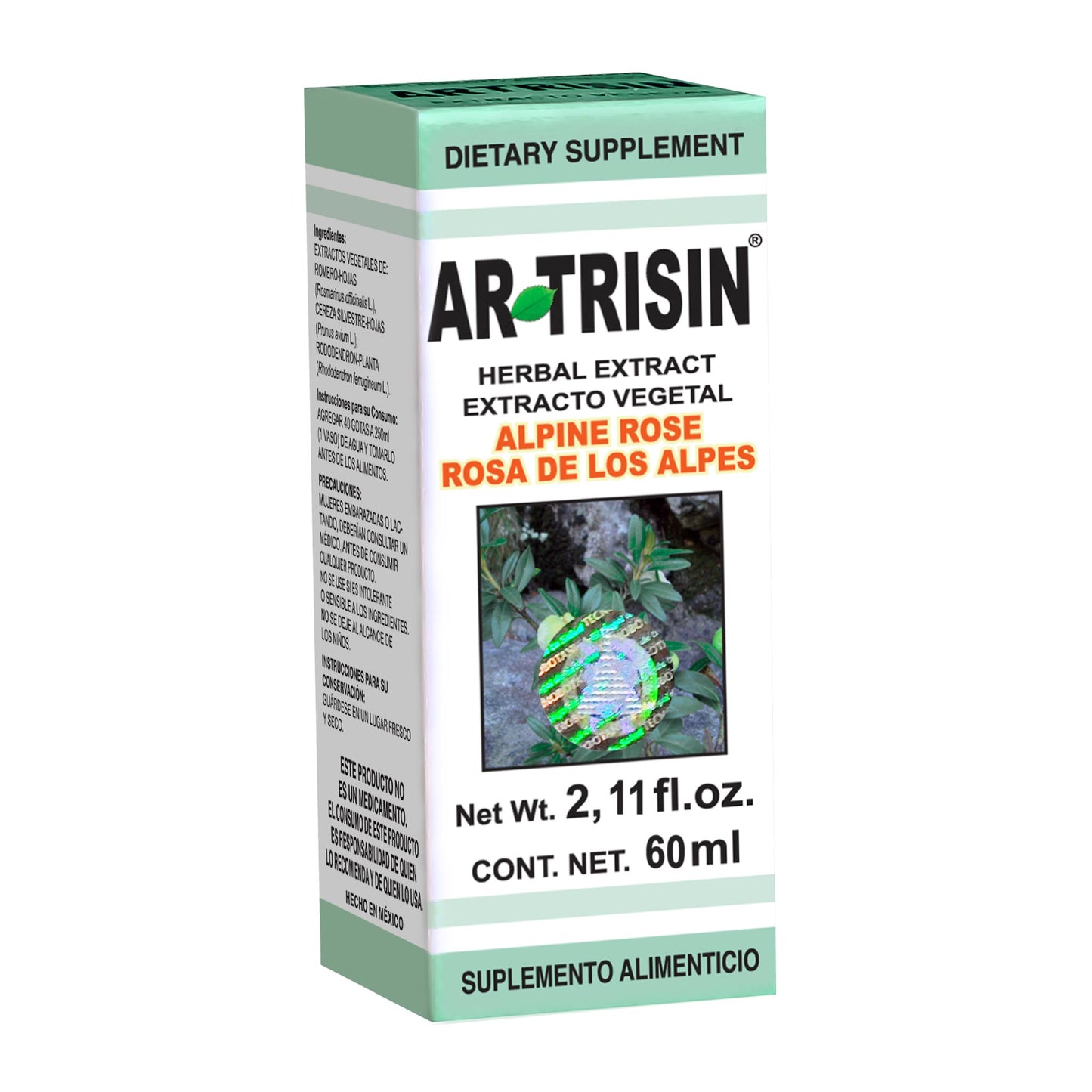 Extracto vegetal ARTRISIN ® rosa de los alpes caja frasco gotero con 60ml