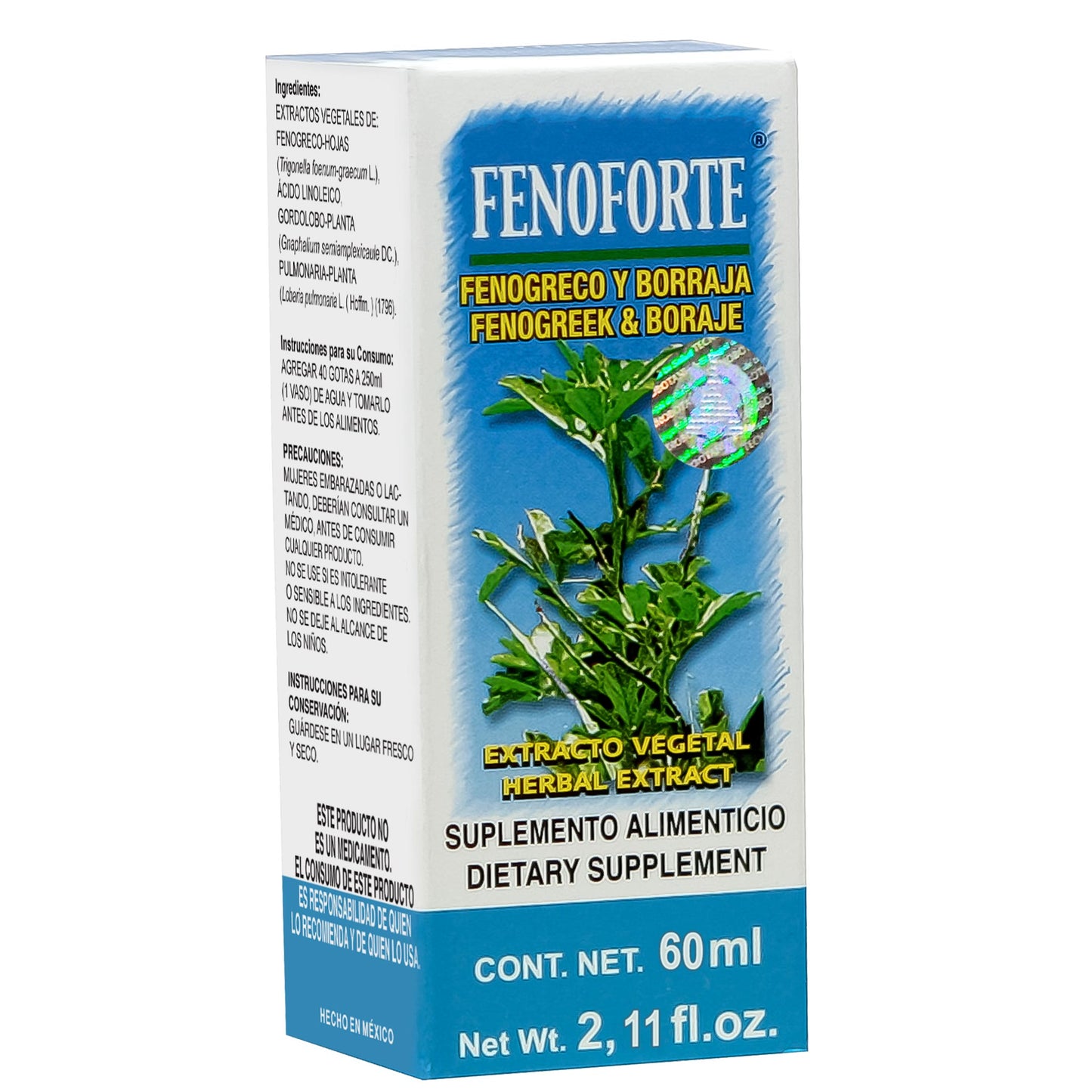 Extracto vegetal FENOFORTE ® fenogreco y borraja caja frasco gotero con 60ml