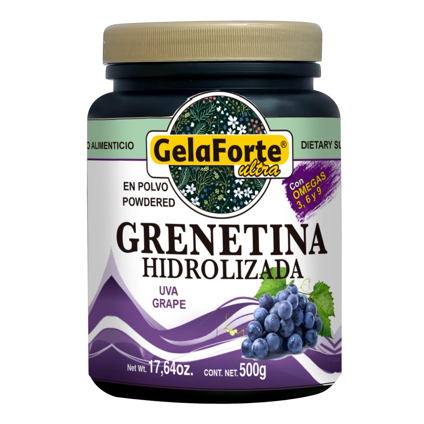 Polvo GELAFORTE ULTRA ® grenetina hidrolizada sabor uva bote con 500g