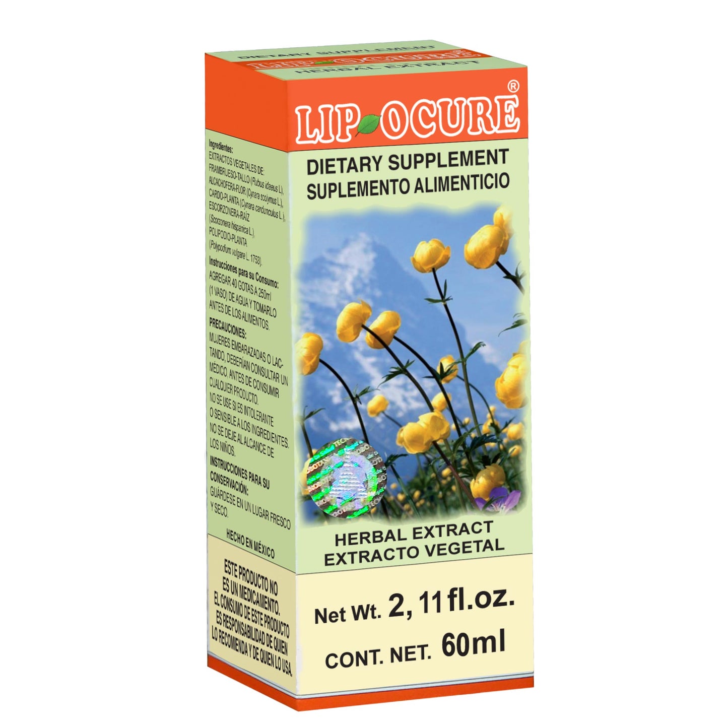 Extracto vegetal LIPOCURE ® frambueso, polipodio y cardo caja frasco gotero 60ml