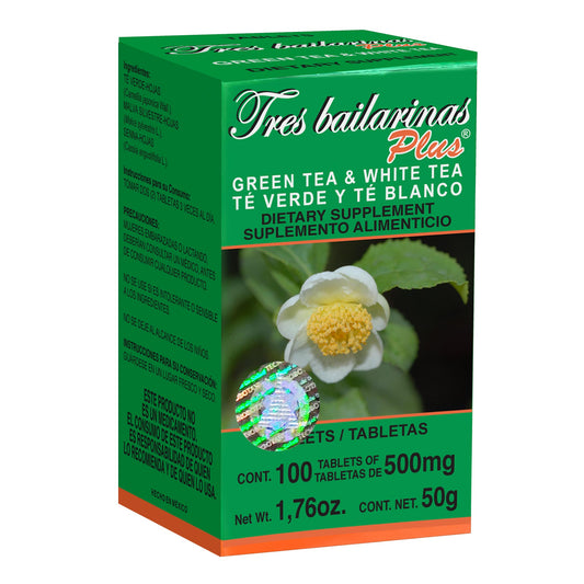 Tabletas TRES BAILARINAS PLUS ® té verde y té blanco caja frasco 100u