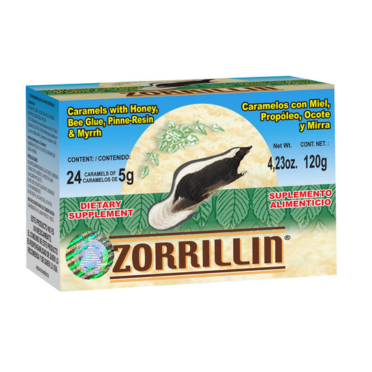 Caramelos ZORRILLIN ® miel, propóleo, ocote y mirra caja 24 pz