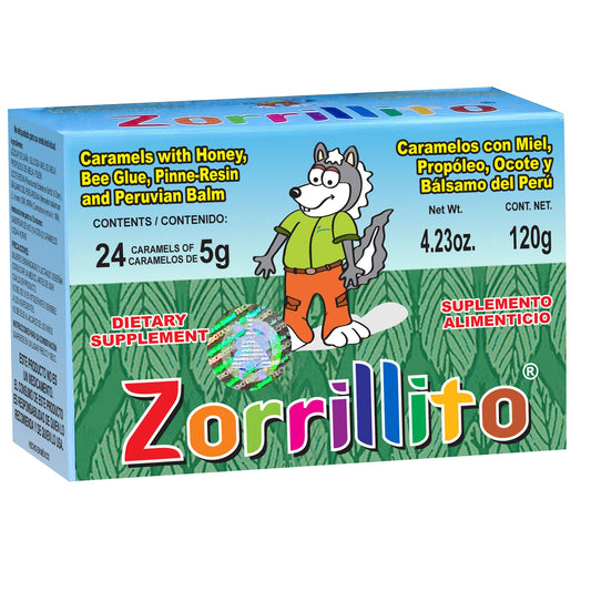 Caramelos ZORRILLITO ® miel, propóleo, ocote y bálsamo del perú caja 24pz