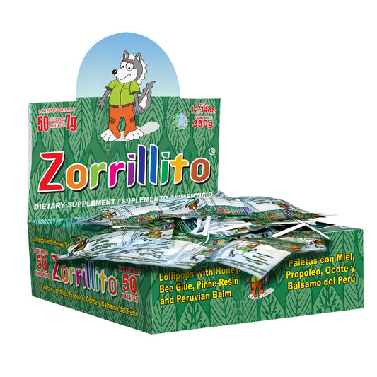 Paletas ZORRILLITO ® miel, propóleo, ocote y bálsamo del perú caja 50 pzas